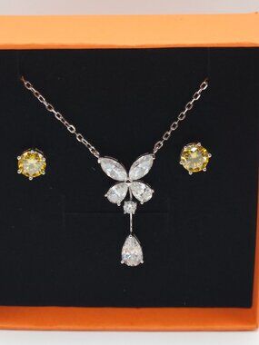 925 Sterling Silver Moissanite Butterfly Necklace Earrings Set 4ctw